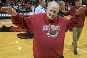 Mr. Brennan flaps his wings before a St. Joseph’s men's basketball game in 2017.